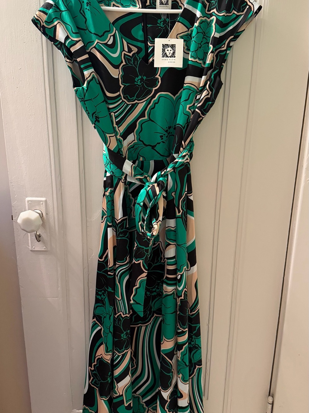 Anne Klein Green and Black Floral Maxi Wrap Dress